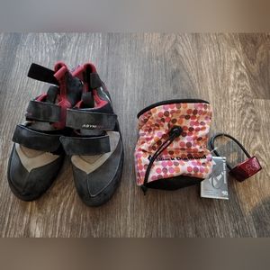 Rock climbing shoes with chalk bag